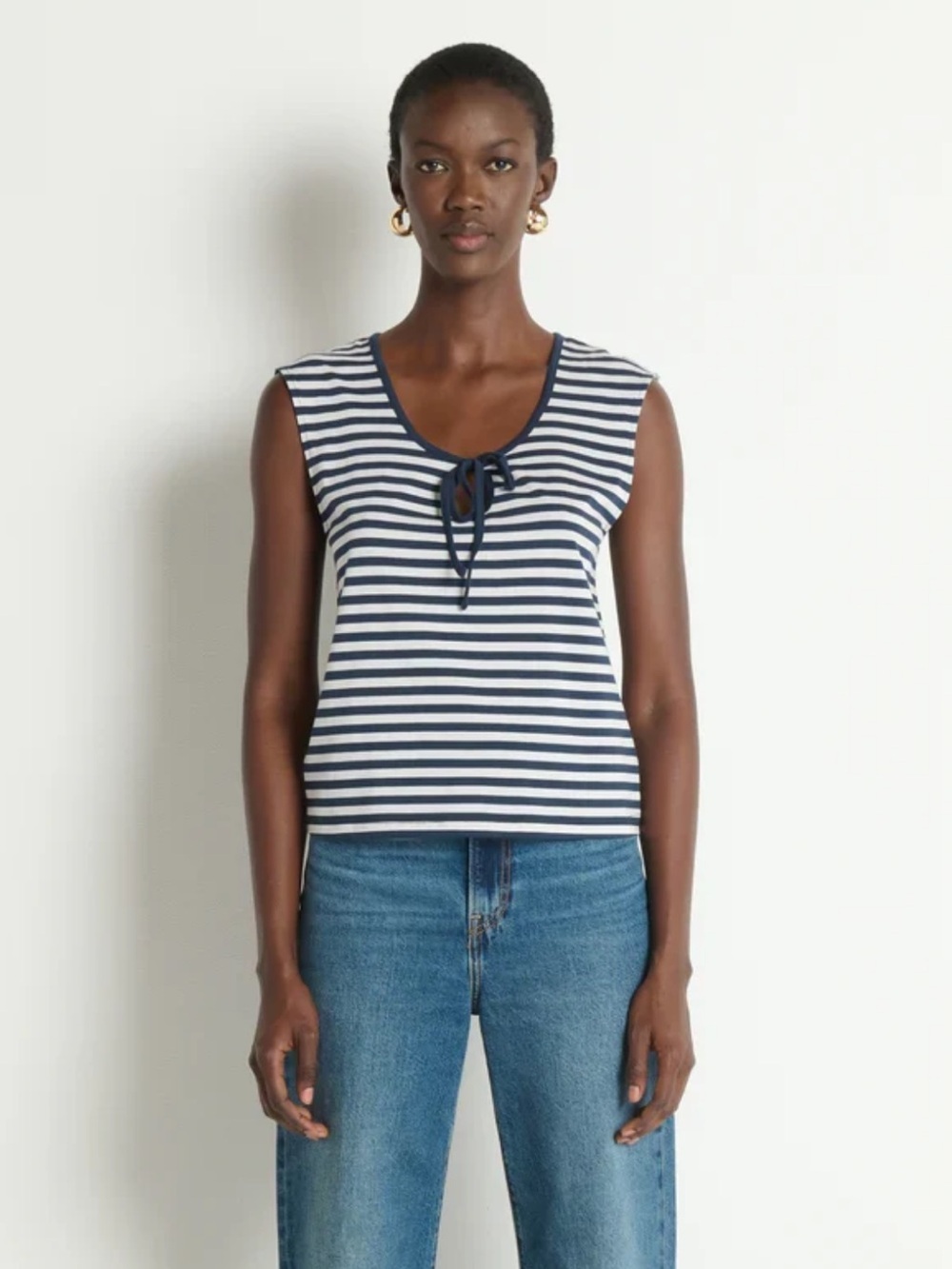 Nation Los Angelas Kacy Tank Navy City Stripe Pima Cotton Keyhole Tie Top M NWT